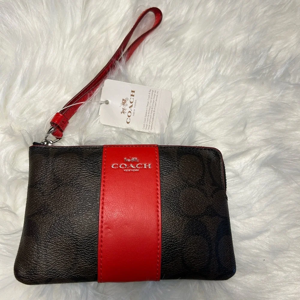 Coach Signature brown & red stripe Zip Wristlet New With Tags.  C - Picture 4 of 13